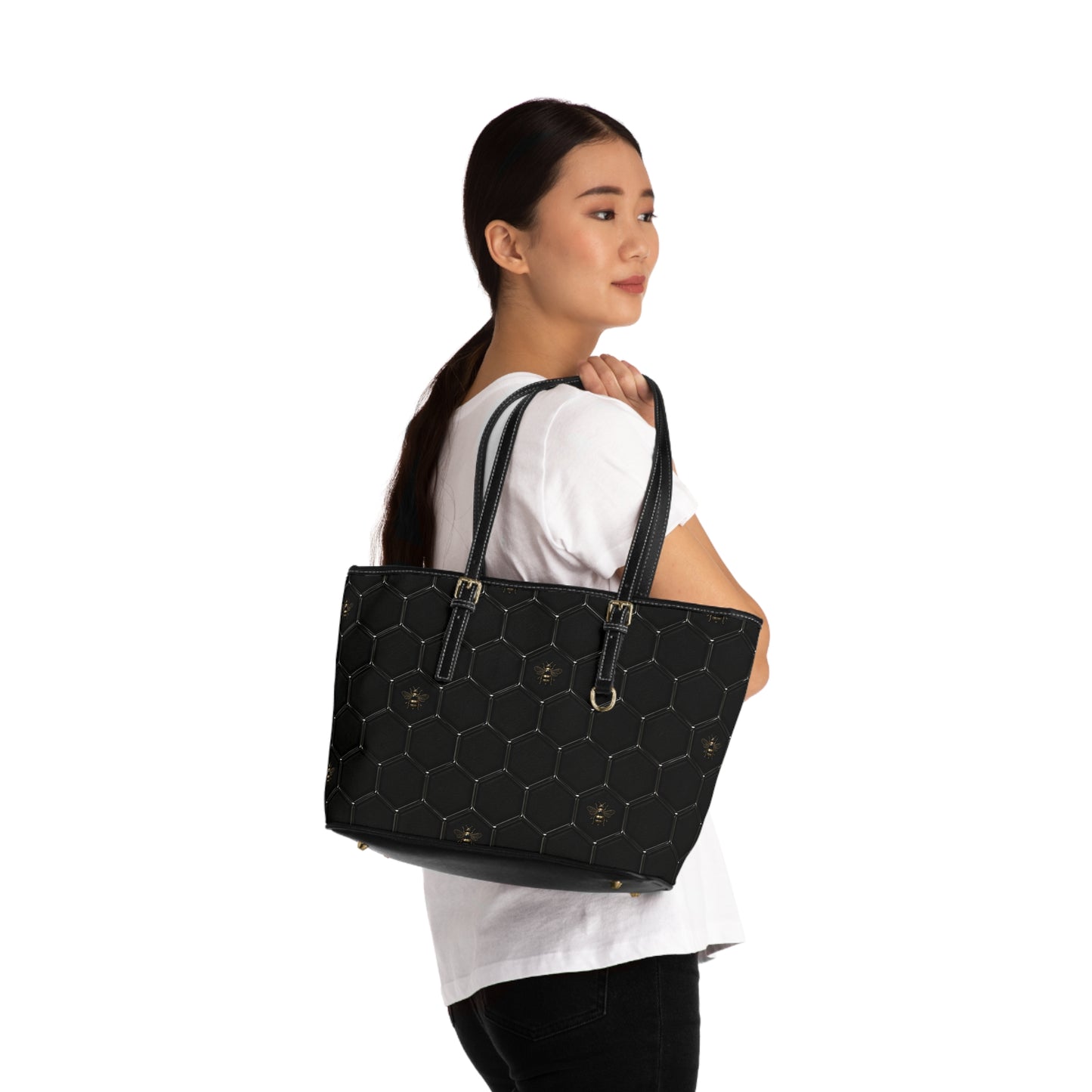 Black PU Leather Shoulder Bag – Honeycomb Stitch & Busy Bee Tote