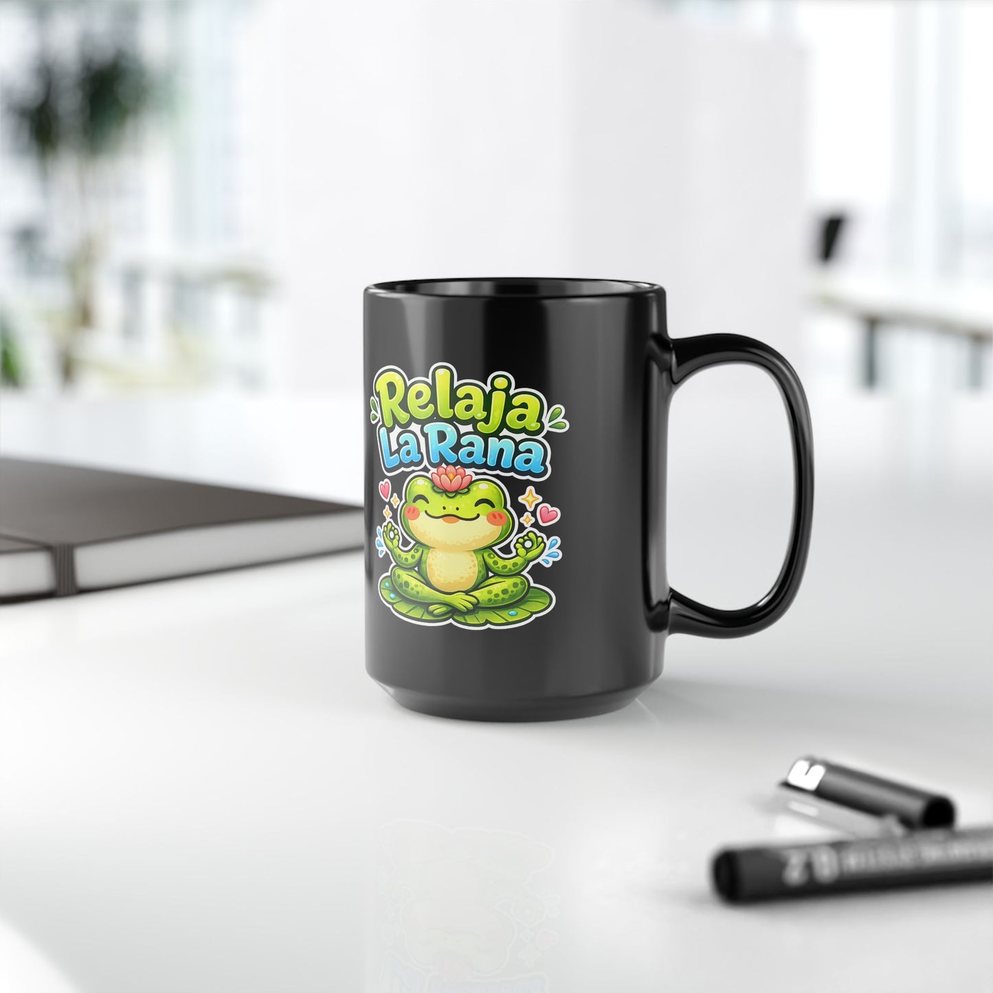 Ceramic Black Mug, 15oz - Relaja La Rana