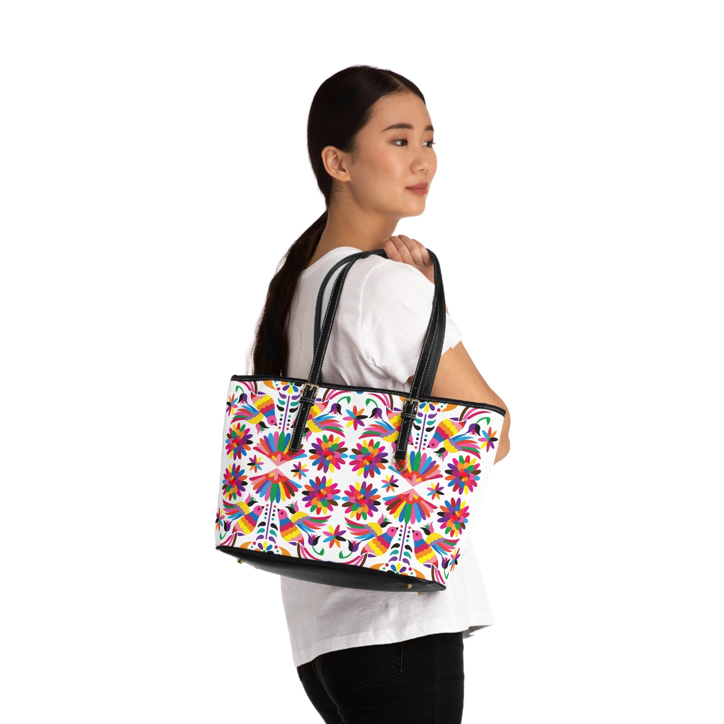 Colorful Otomi-Like Floral Shoulder Bag — Vibrant Mexican Folk Art Tote