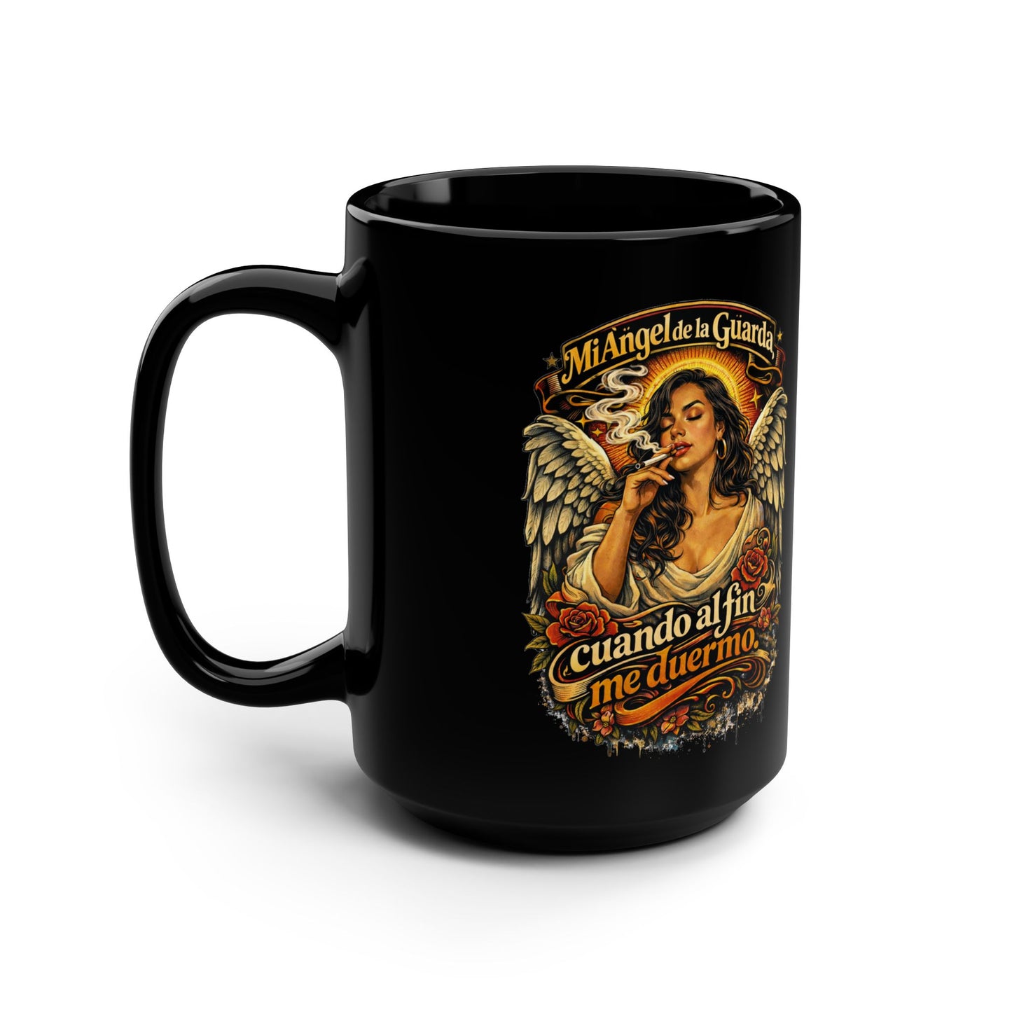 Ceramid Black Mug, 15oz - Angel de la Guarda