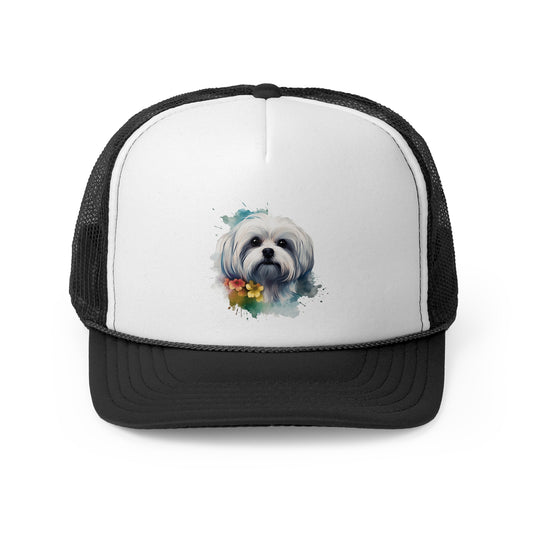 Maltese Maltipoo Watercolor pink & yellow flowers - MamaDeSushi - Trucker Caps
