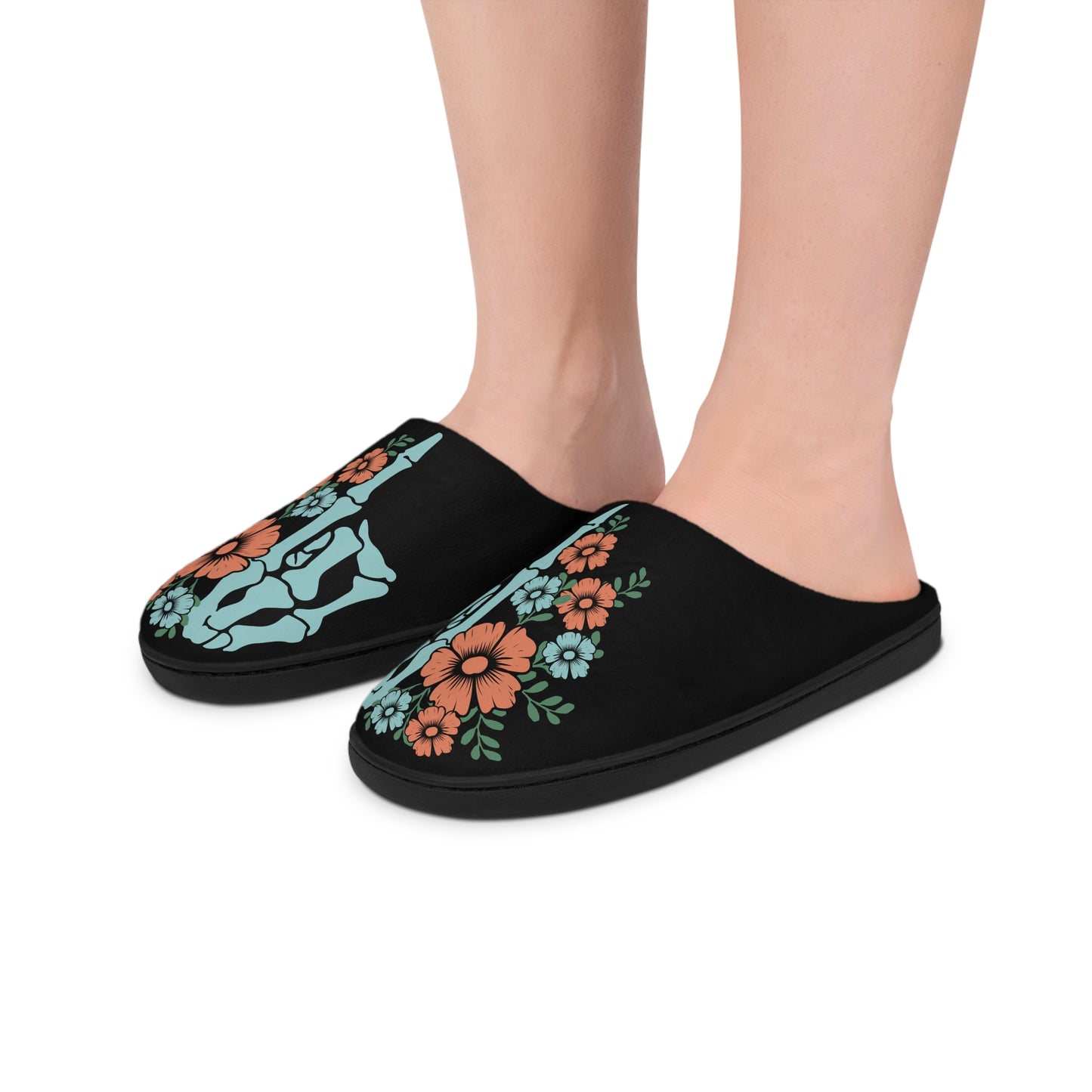 Floral Skeleton Women's Slippers, Cozy Home Gift, Casual Loungewear, Halloween Comfort, Unique Footwear