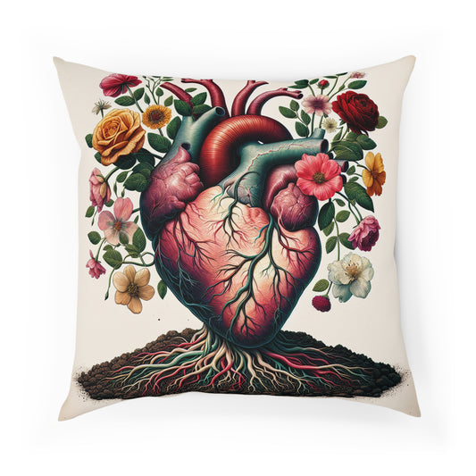 Heart & Floral Art Pillow, Bohemian Cushion, Home Decor, Gift for Her, Vintage Botanical Accent Pillow, Nature Lover's Cushion