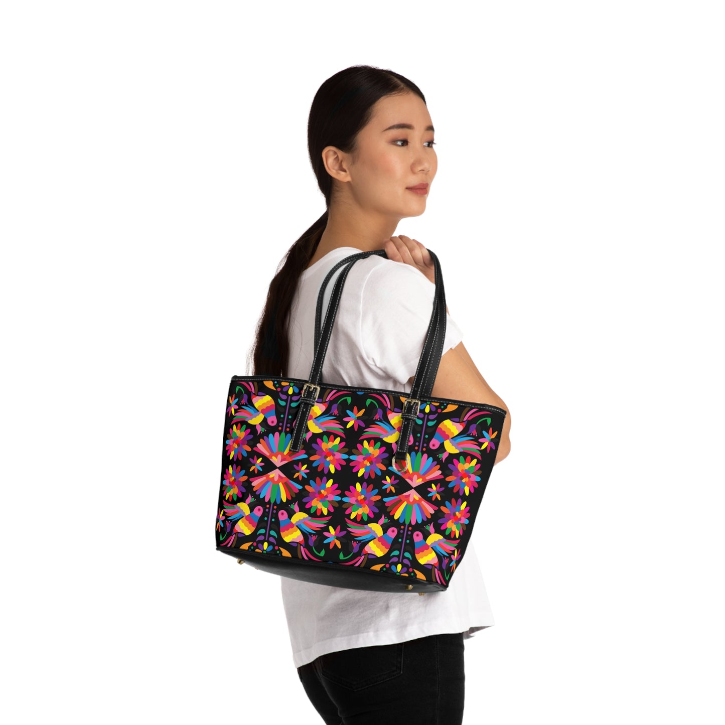 Mexican Otomi-Like Floral PU Leather Shoulder Bag – Colorful Folk Art Tote
