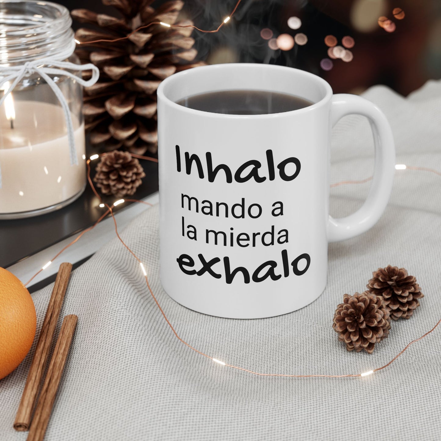 Inhalo mando a la...Exhalo - Ceramic Mug - Motivational Gift for Coffee Lovers, Office Desk Decor, Holiday & Birthday Present, Fun Quote Mug