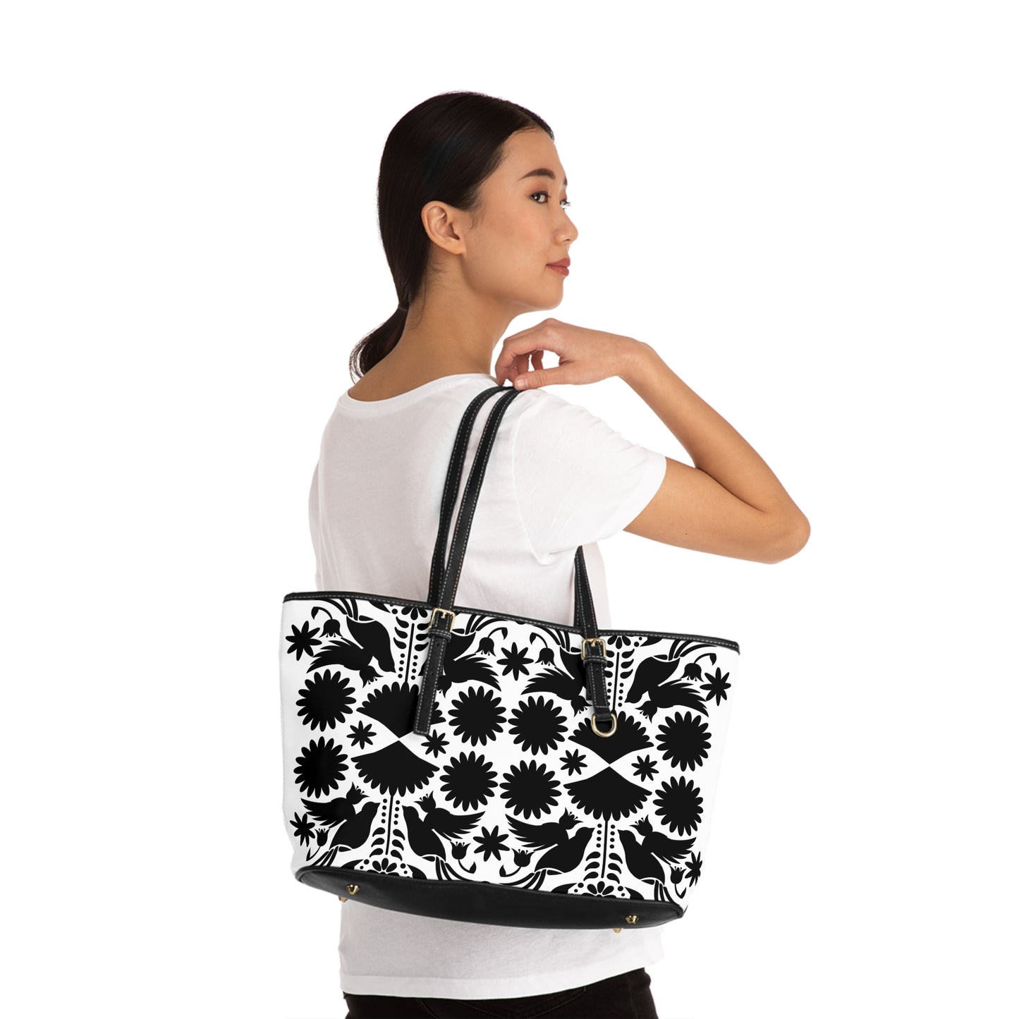 Black & White Otomi-Like design Chic PU Leather Shoulder Bag - Fashionable Tote for Confident Women, Perfect Gift for Celebrations