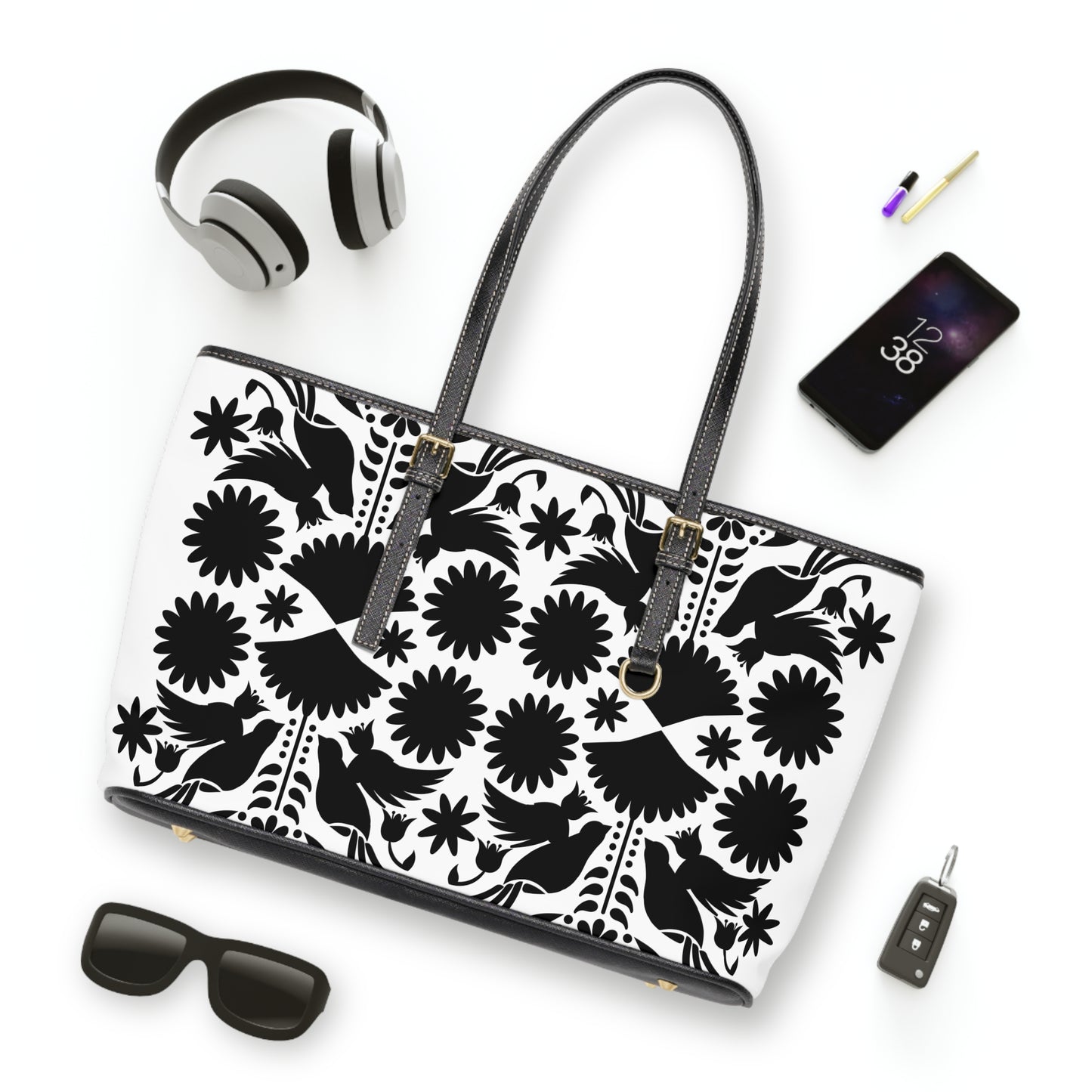 Black & White Otomi-Like design Chic PU Leather Shoulder Bag - Fashionable Tote for Confident Women, Perfect Gift for Celebrations