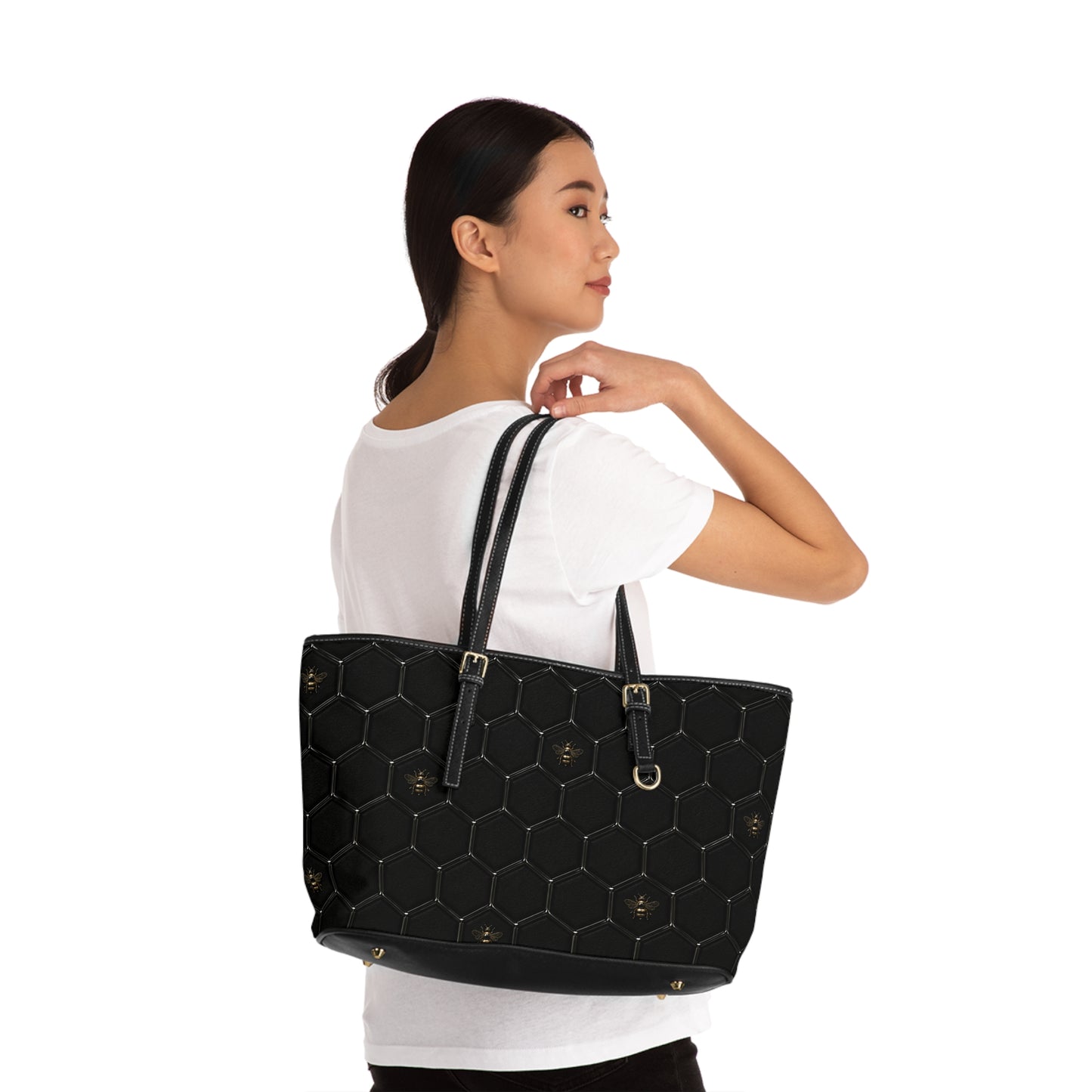 Black PU Leather Shoulder Bag – Honeycomb Stitch & Busy Bee Tote