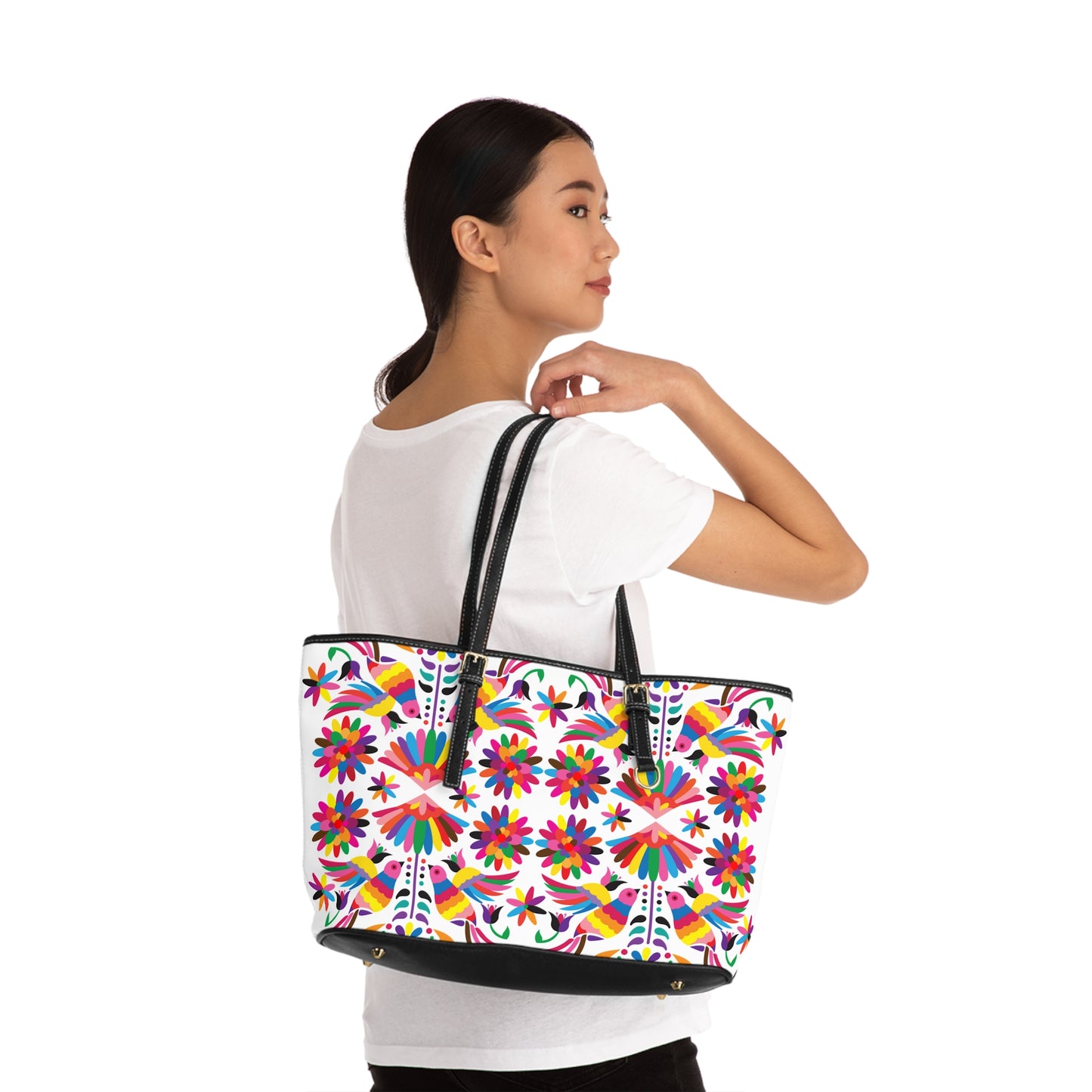 Colorful Otomi-Like Floral Shoulder Bag — Vibrant Mexican Folk Art Tote