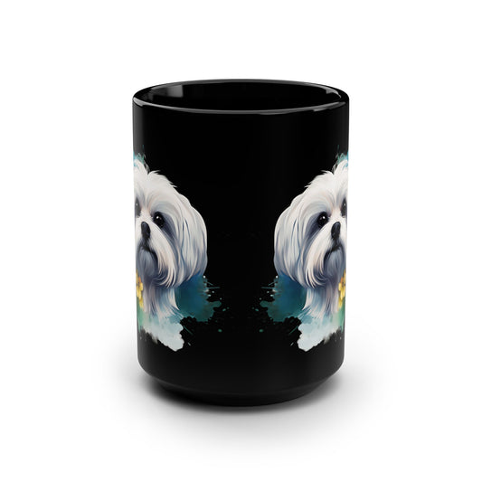 Maltese Maltipoo Watercolor pink & yellow flowers - MamaDeSushi - Black Mug, 15oz
