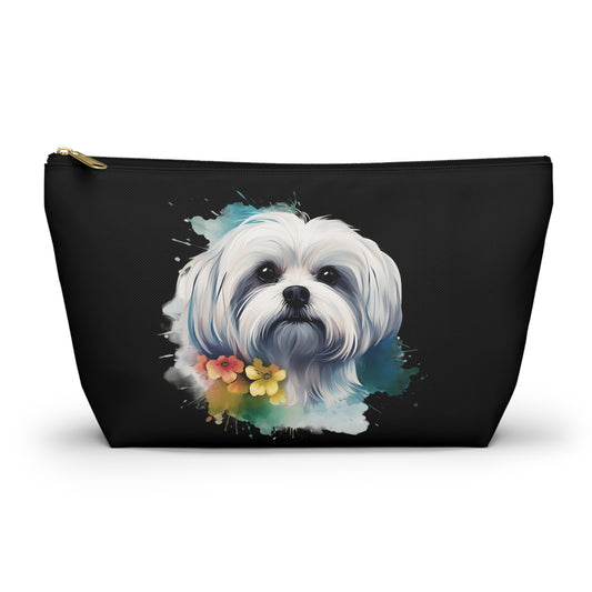 Maltese Maltipoo Watercolor pink & yellow flowers - MamaDeSushi - Accessory Pouch w T-bottom
