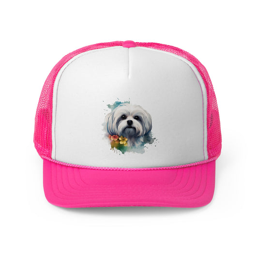 Maltese Maltipoo Watercolor pink & yellow flowers - MamaDeSushi - Trucker Caps