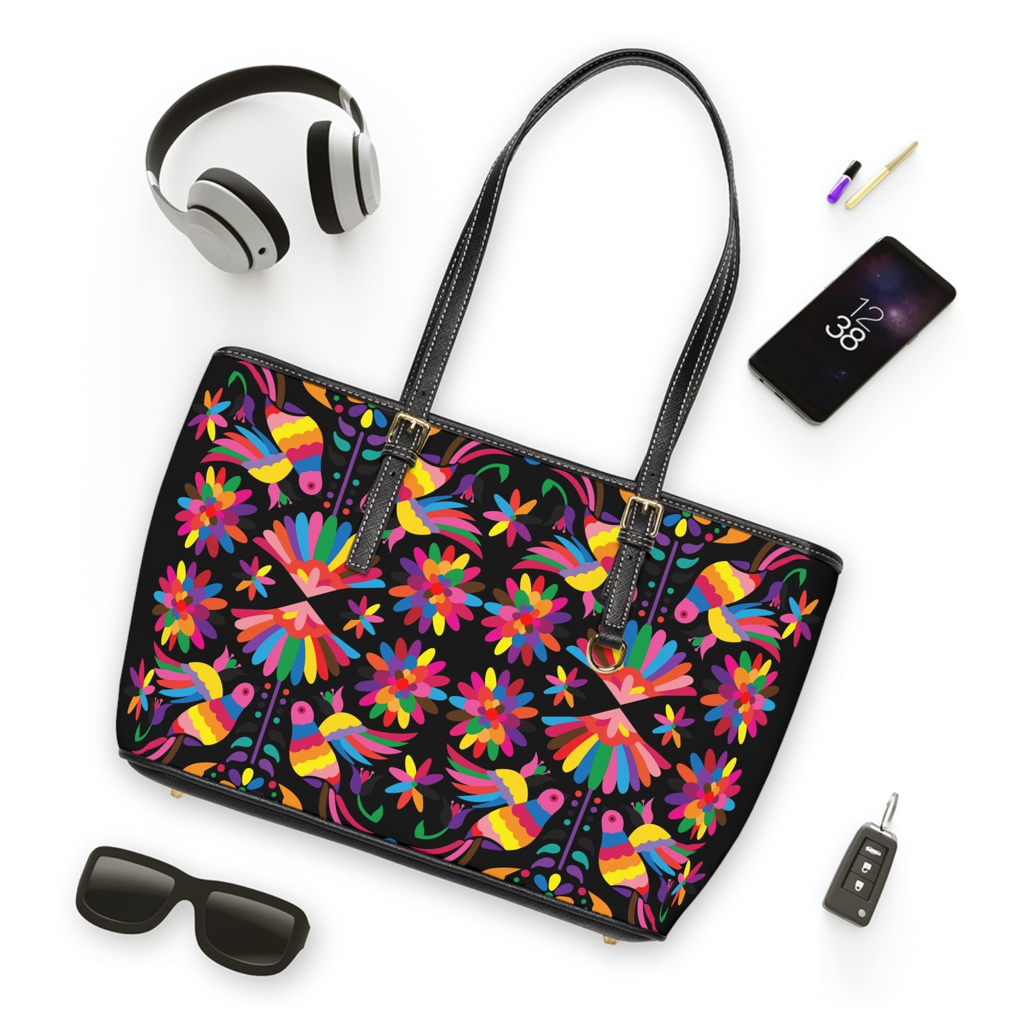 Mexican Otomi-Like  Floral PU Leather Shoulder Bag – Colorful Folk Art Tote