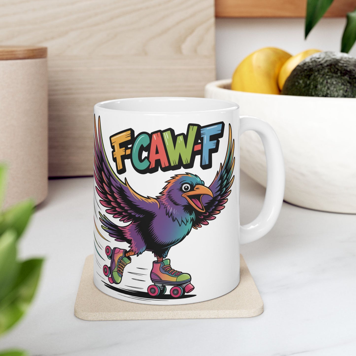 F-Caw-F Roller Blading Raven - Ceramic Mug - Motivational Gift for Coffee Lovers, Office Desk Decor, Holiday & Birthday Present, Fun Quote