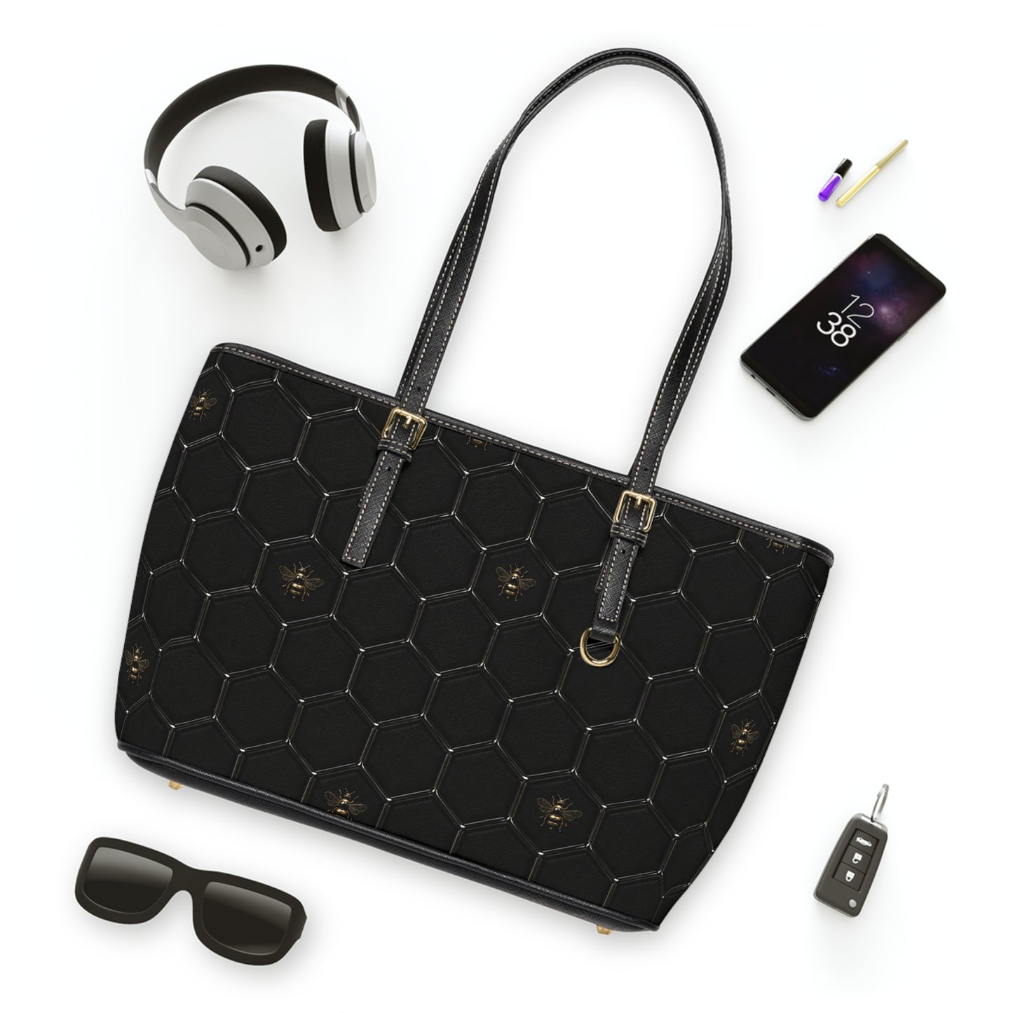 Black PU Leather Shoulder Bag – Honeycomb Stitch & Busy Bee Tote