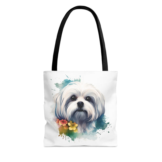 Maltese Maltipoo Watercolor pink & yellow flowers - MamaDeSushi - Tote Bag (AOP)
