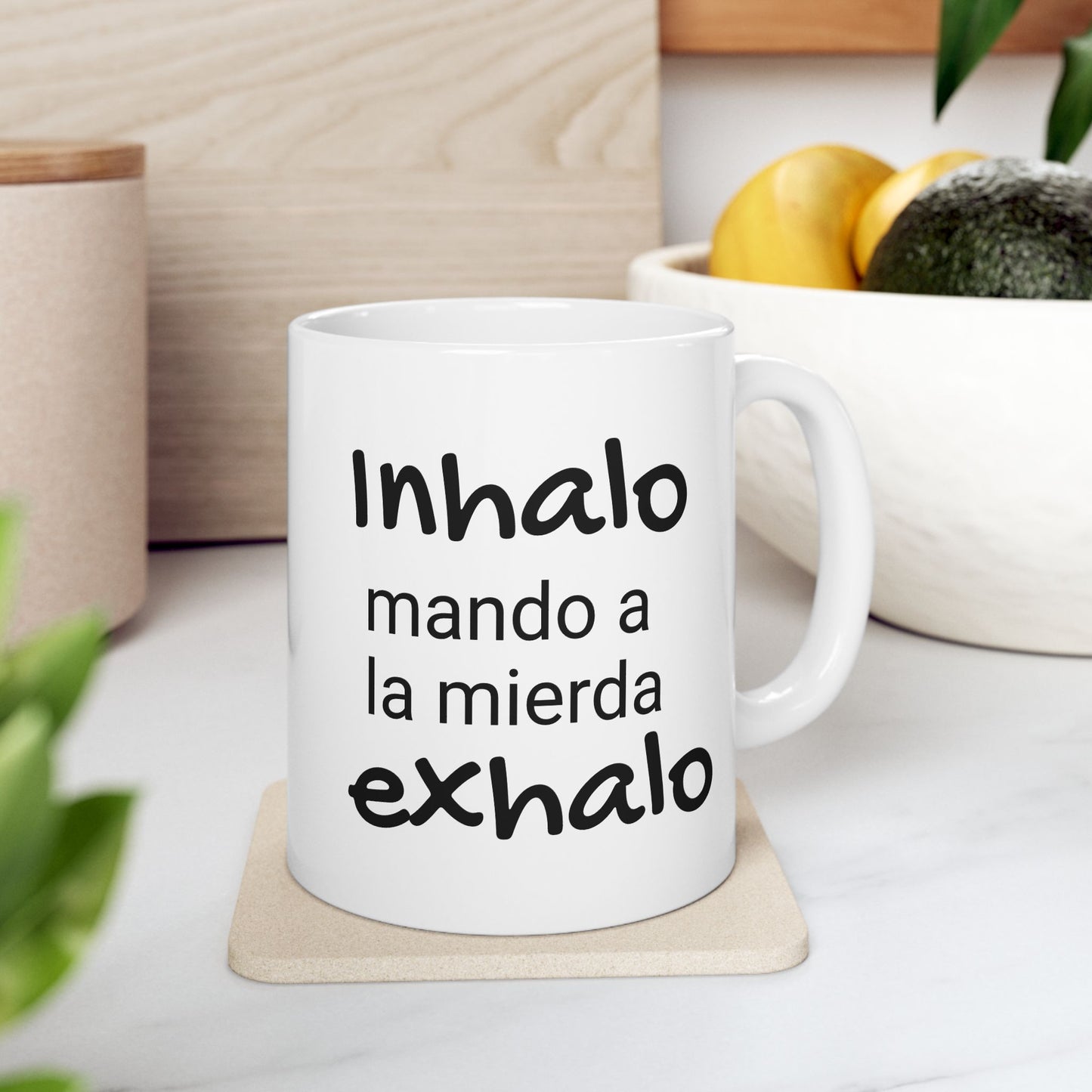 Inhalo mando a la...Exhalo - Ceramic Mug - Motivational Gift for Coffee Lovers, Office Desk Decor, Holiday & Birthday Present, Fun Quote Mug