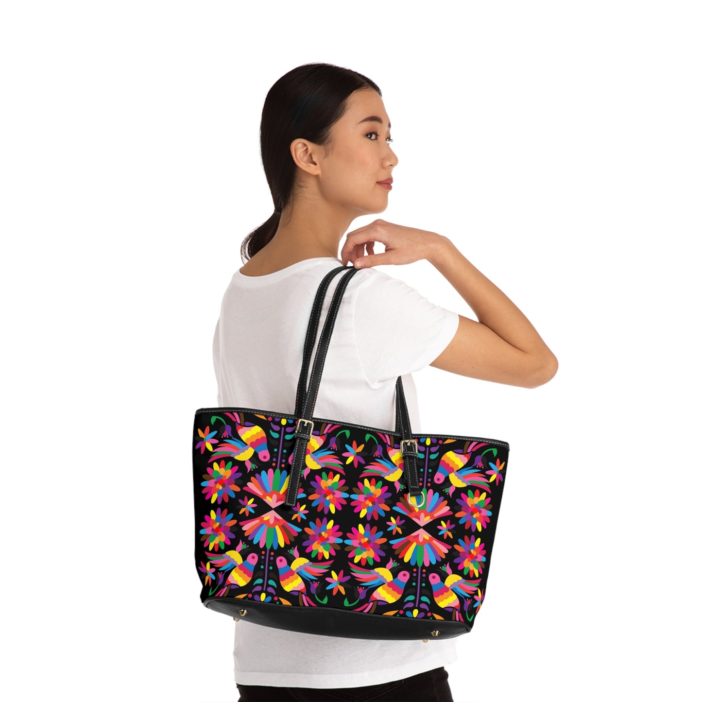 Mexican Otomi-Like  Floral PU Leather Shoulder Bag – Colorful Folk Art Tote