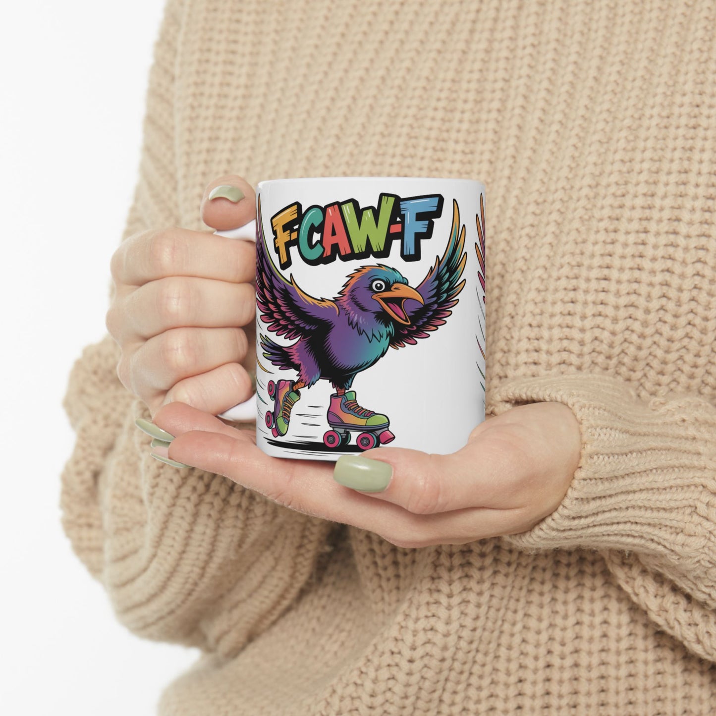 F-Caw-F Roller Blading Raven - Ceramic Mug - Motivational Gift for Coffee Lovers, Office Desk Decor, Holiday & Birthday Present, Fun Quote