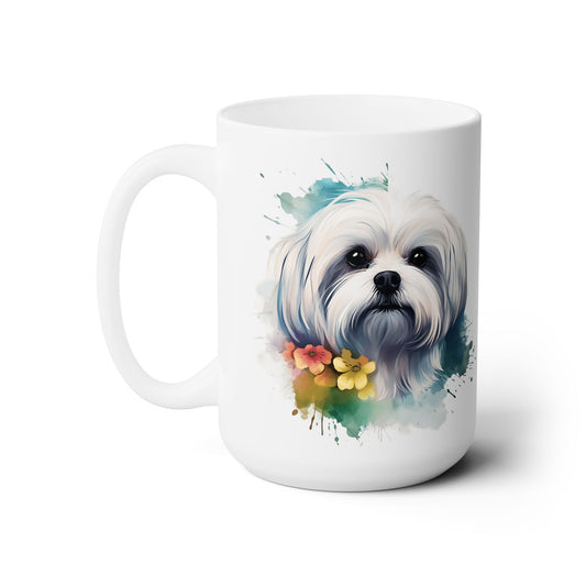 Maltese Maltipoo Watercolor pink & yellow flowers - MamaDeSushi - Ceramic Mug 15oz