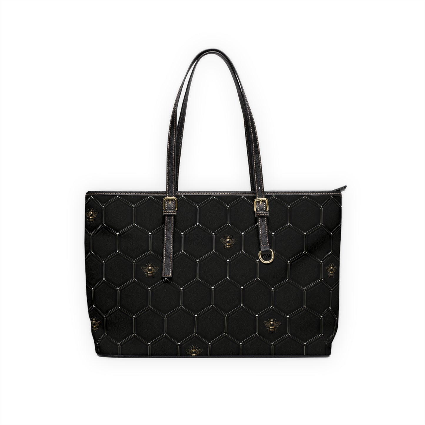 Black PU Leather Shoulder Bag – Honeycomb Stitch & Busy Bee Tote