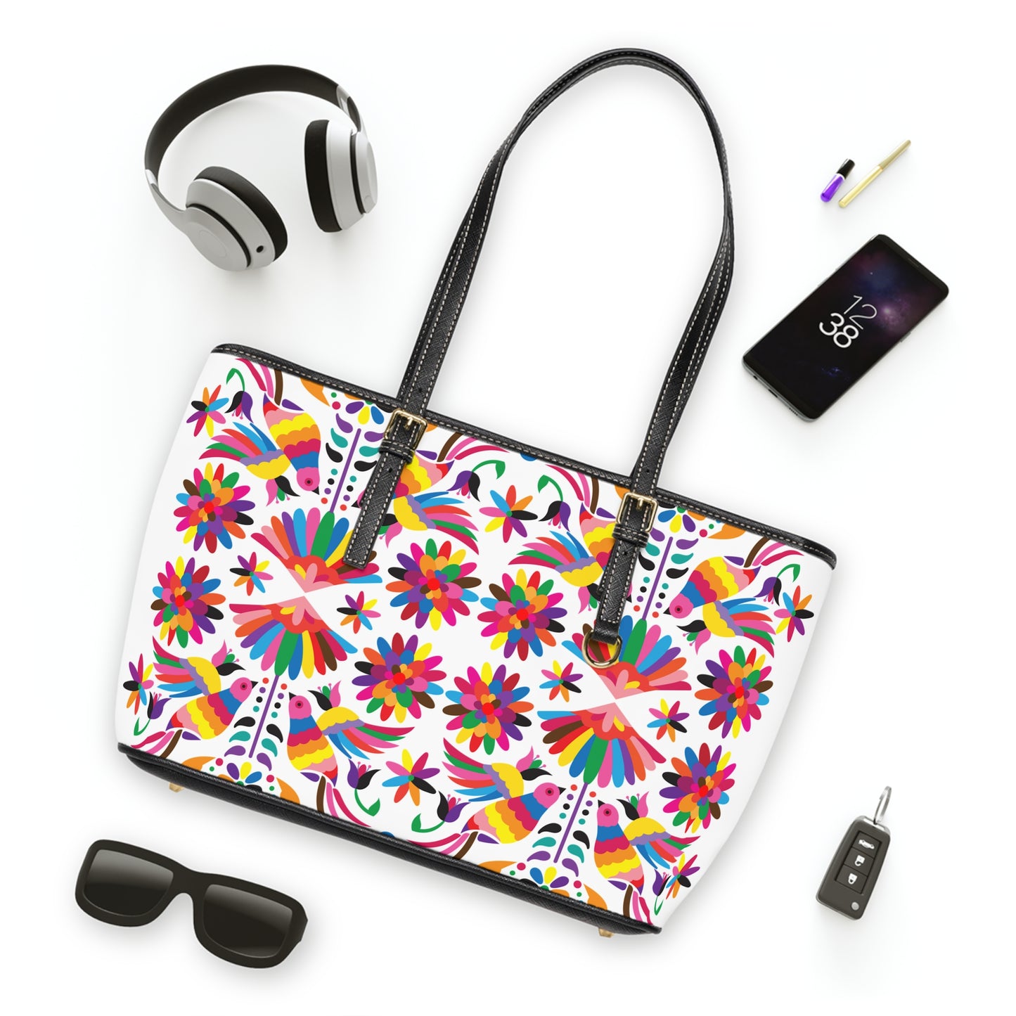 Colorful Otomi-Like Floral Shoulder Bag — Vibrant Mexican Folk Art Tote