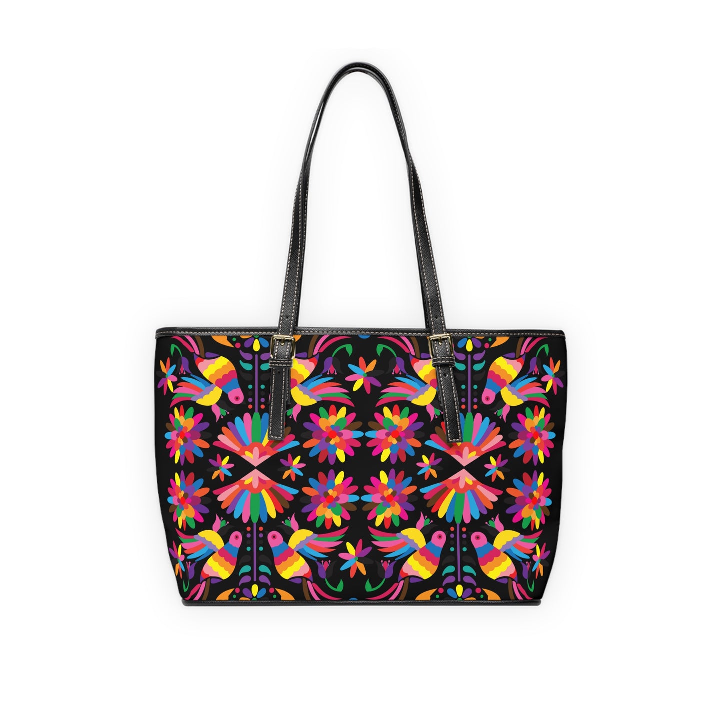 Mexican Otomi-Like  Floral PU Leather Shoulder Bag – Colorful Folk Art Tote