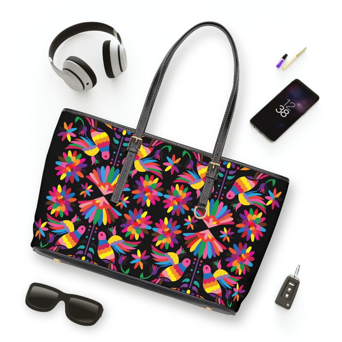Mexican Otomi-Like  Floral PU Leather Shoulder Bag – Colorful Folk Art Tote