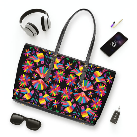 Mexican Otomi-Like  Floral PU Leather Shoulder Bag – Colorful Folk Art Tote