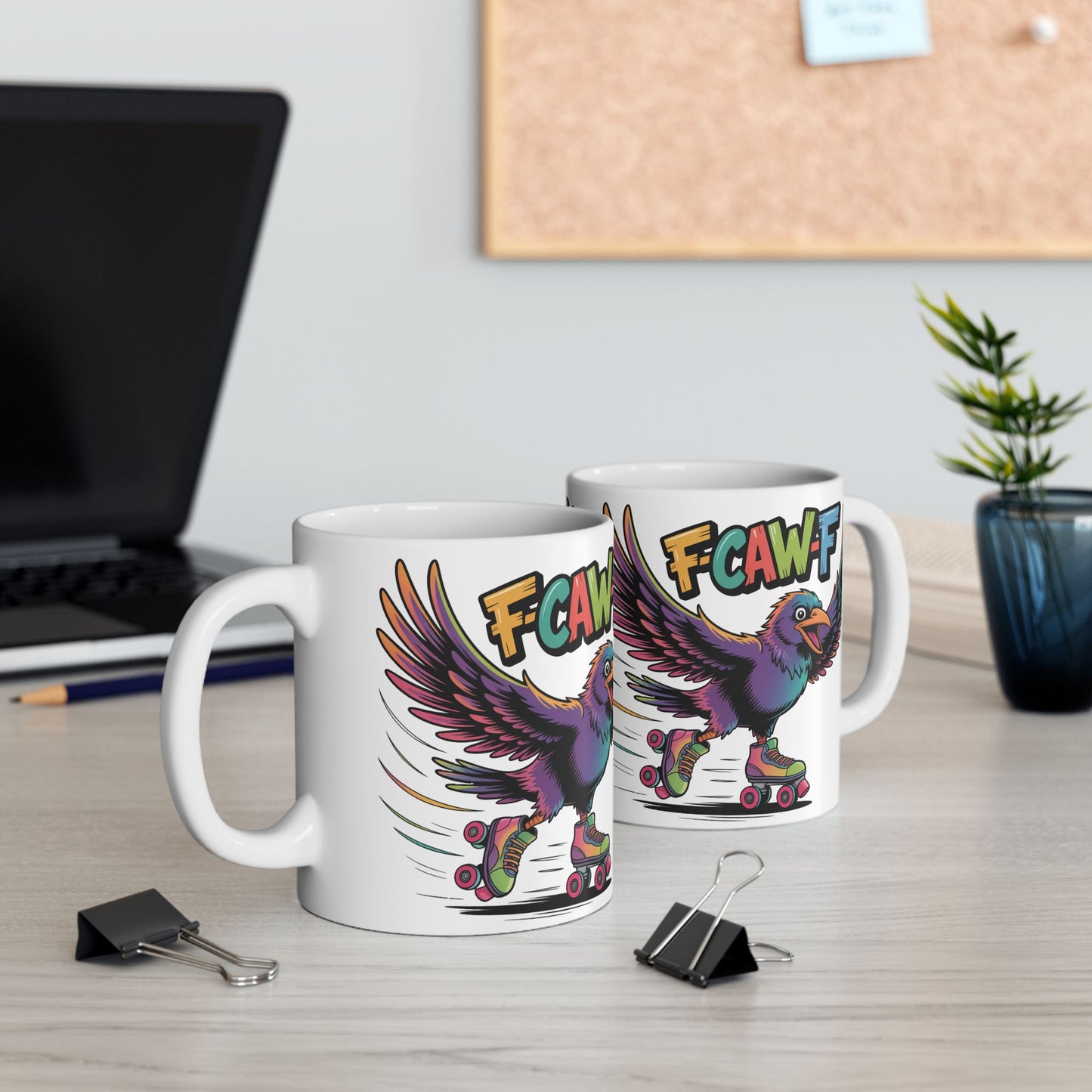 F-Caw-F Roller Blading Raven - Ceramic Mug - Motivational Gift for Coffee Lovers, Office Desk Decor, Holiday & Birthday Present, Fun Quote