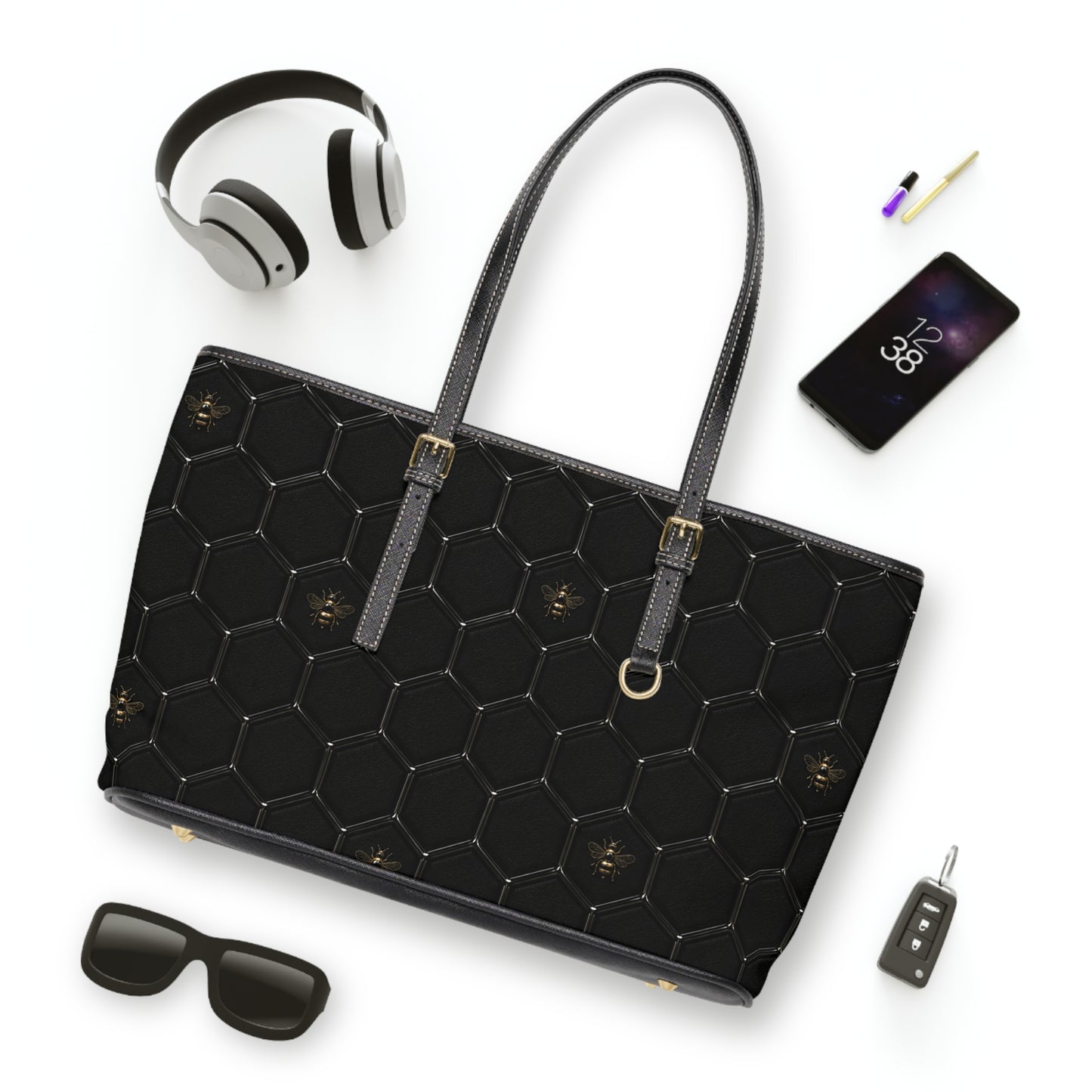 Black PU Leather Shoulder Bag – Honeycomb Stitch & Busy Bee Tote