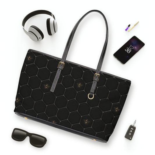 Black PU Leather Shoulder Bag – Honeycomb Stitch & Busy Bee Tote