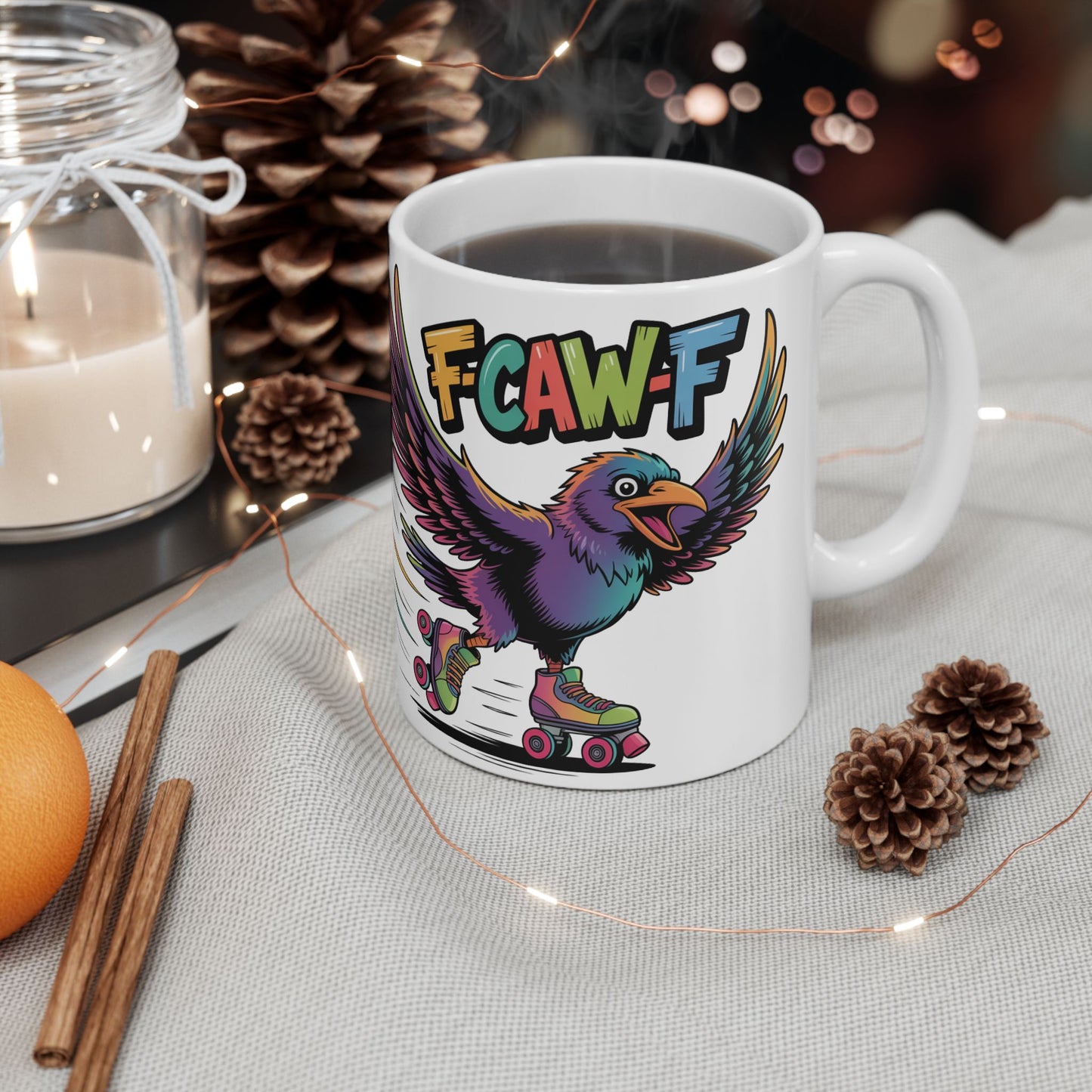 F-Caw-F Roller Blading Raven - Ceramic Mug - Motivational Gift for Coffee Lovers, Office Desk Decor, Holiday & Birthday Present, Fun Quote