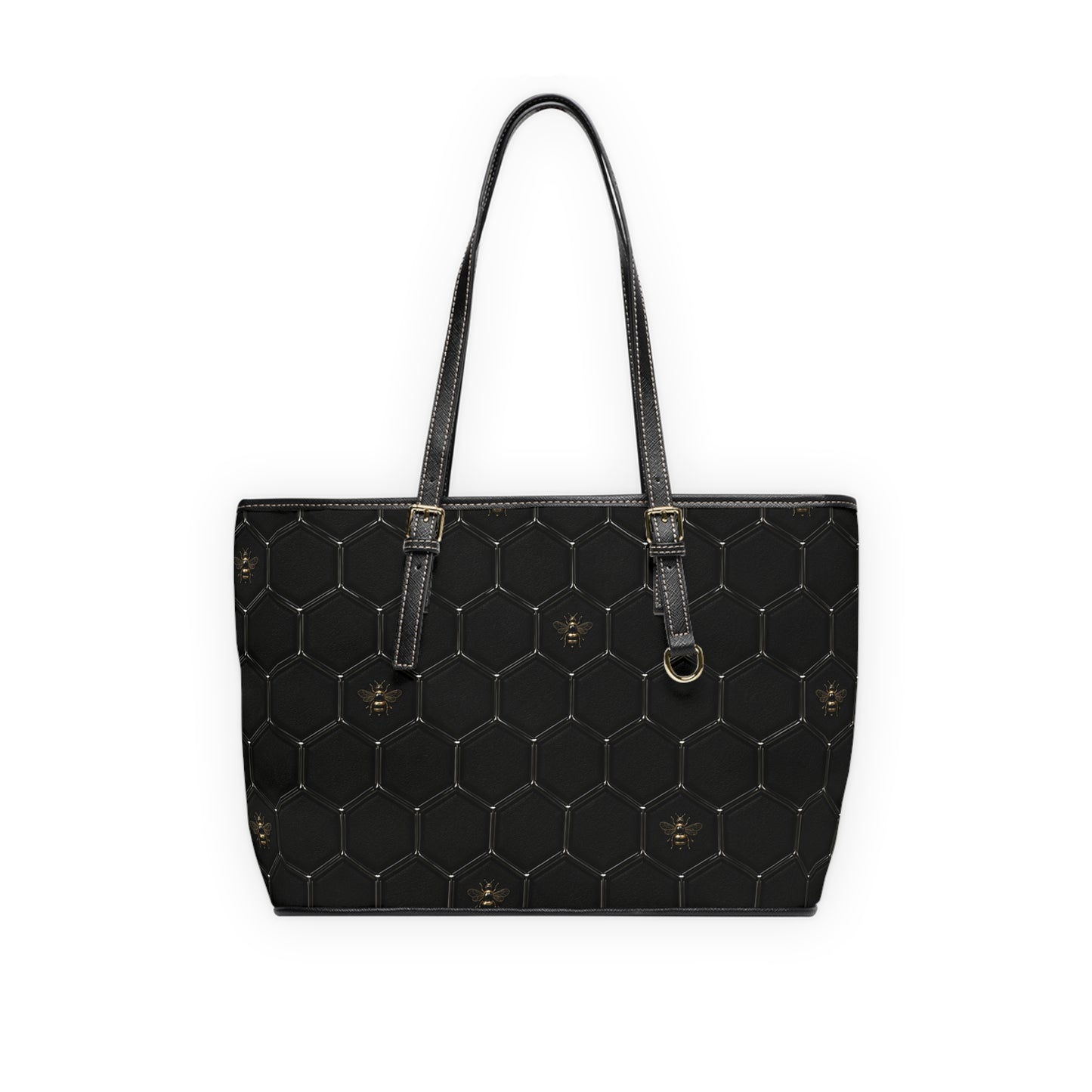 Black PU Leather Shoulder Bag – Honeycomb Stitch & Busy Bee Tote