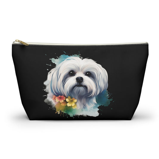 Maltese Maltipoo Watercolor pink & yellow flowers - MamaDeSushi - Accessory Pouch w T-bottom