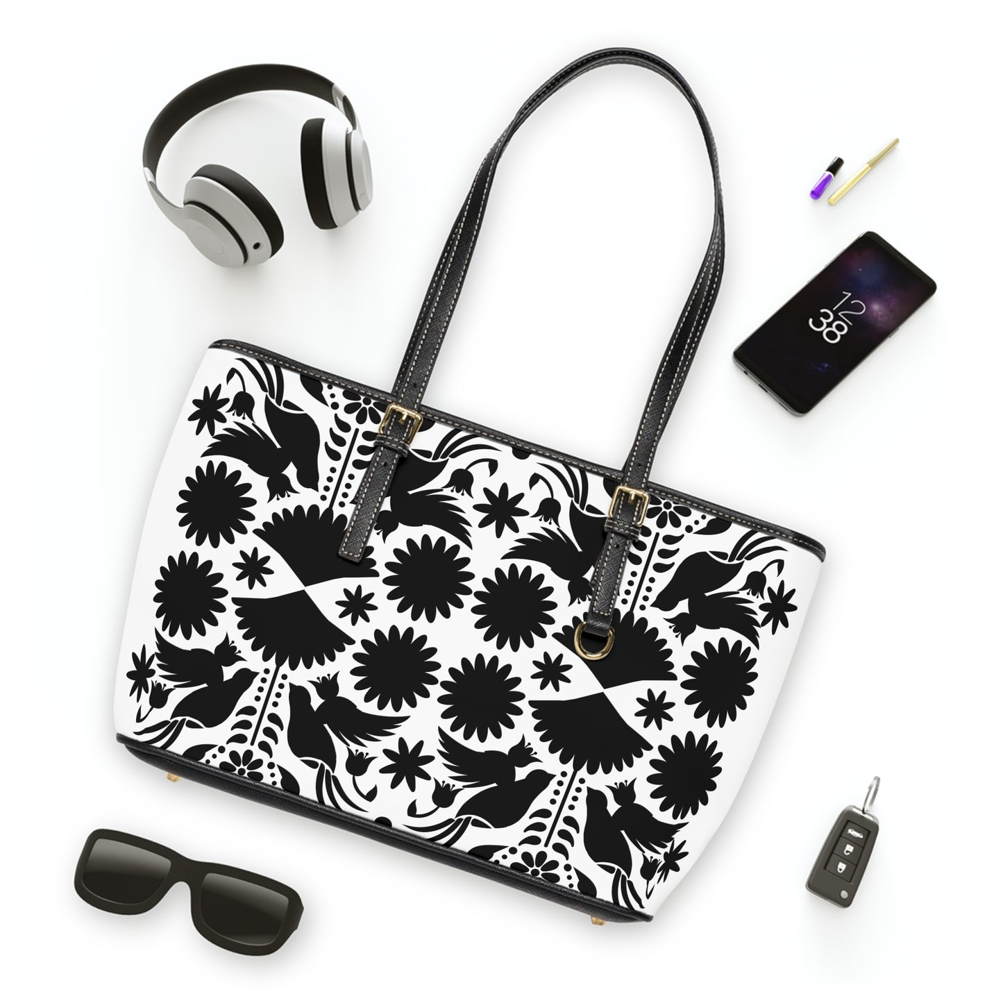 Black & White Otomi-Like design Chic PU Leather Shoulder Bag - Fashionable Tote for Confident Women, Perfect Gift for Celebrations