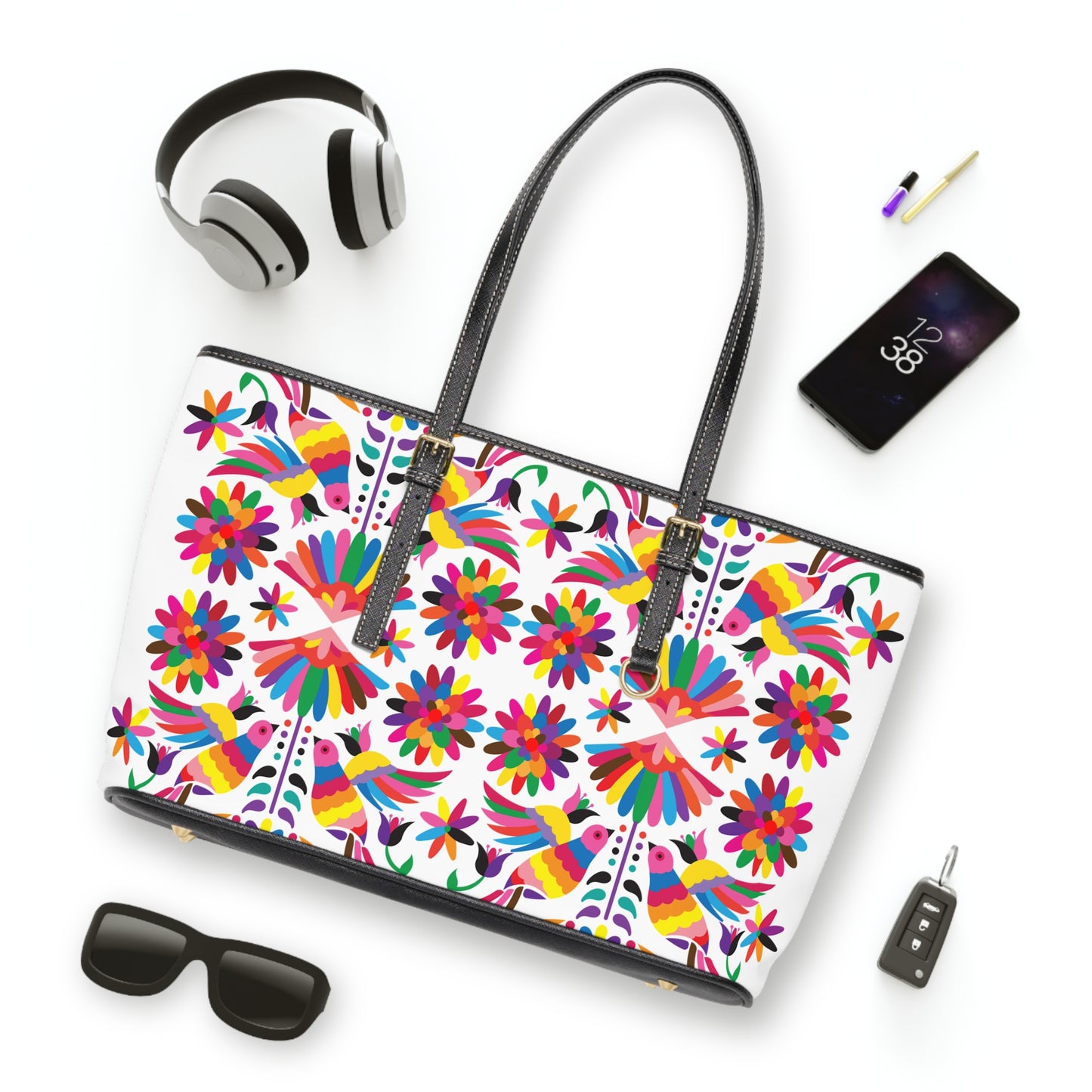 Colorful Otomi-Like Floral Shoulder Bag — Vibrant Mexican Folk Art Tote