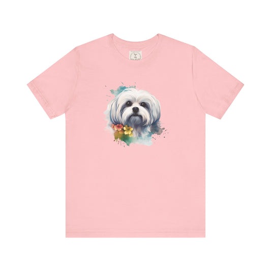 Maltese Maltipoo Watercolor pink & yellow flowers - MamaDeSushi - Unisex Jersey Short Sleeve Tee