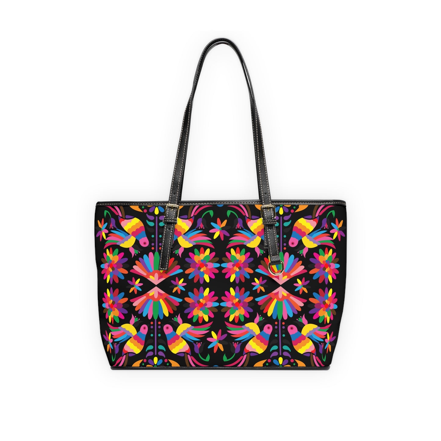 Mexican Otomi-Like  Floral PU Leather Shoulder Bag – Colorful Folk Art Tote