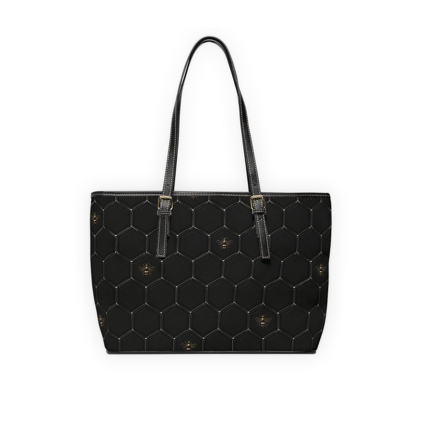 Black PU Leather Shoulder Bag – Honeycomb Stitch & Busy Bee Tote