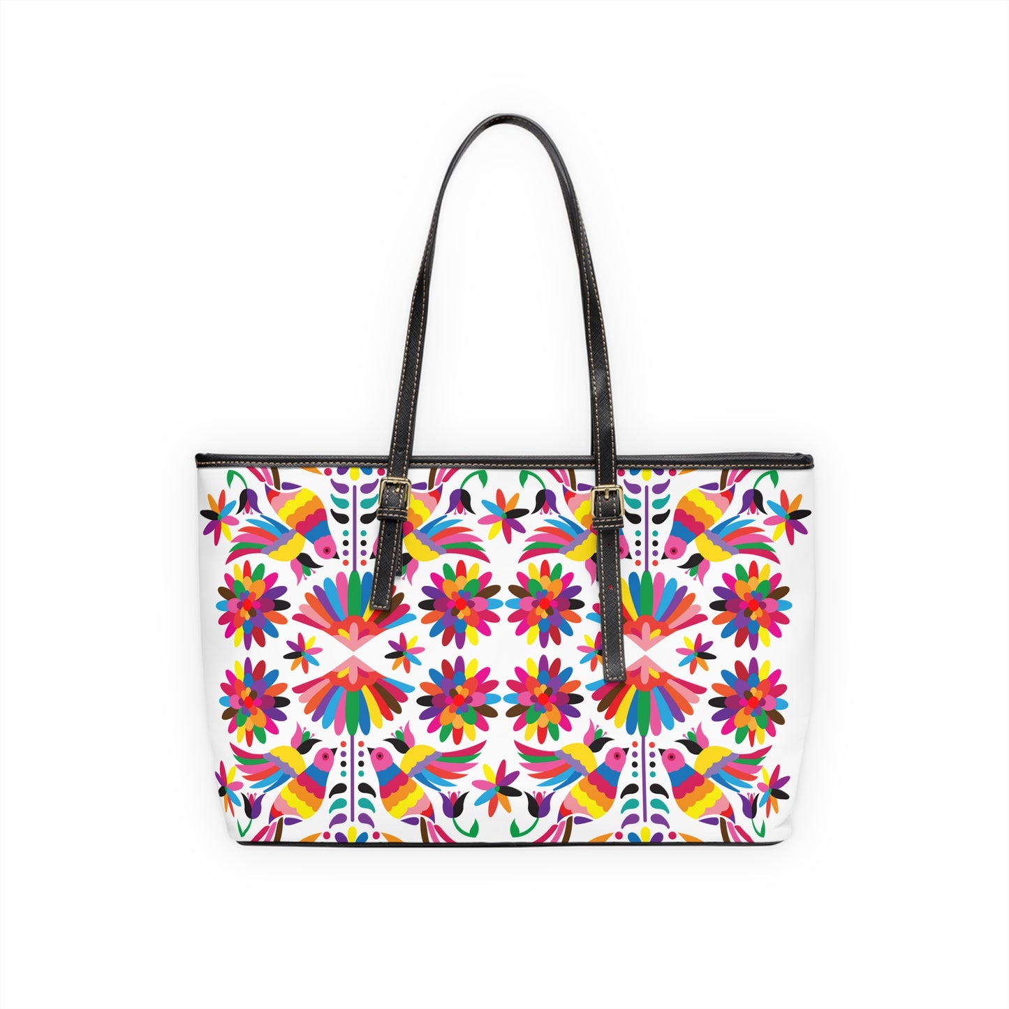 Colorful Otomi-Like Floral Shoulder Bag — Vibrant Mexican Folk Art Tote