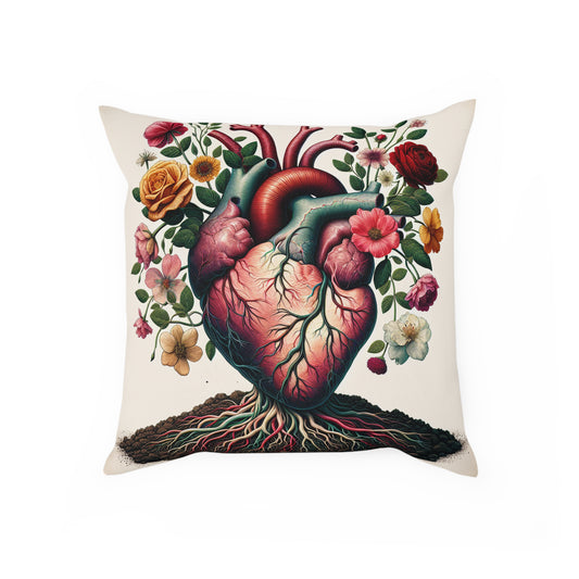 Heart & Floral Art Pillow, Bohemian Cushion, Home Decor, Gift for Her, Vintage Botanical Accent Pillow, Nature Lover's Cushion