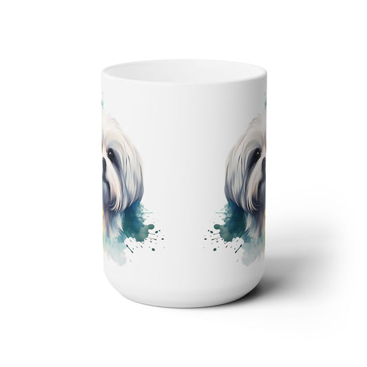 Maltese Maltipoo Watercolor pink & yellow flowers - MamaDeSushi - Ceramic Mug 15oz