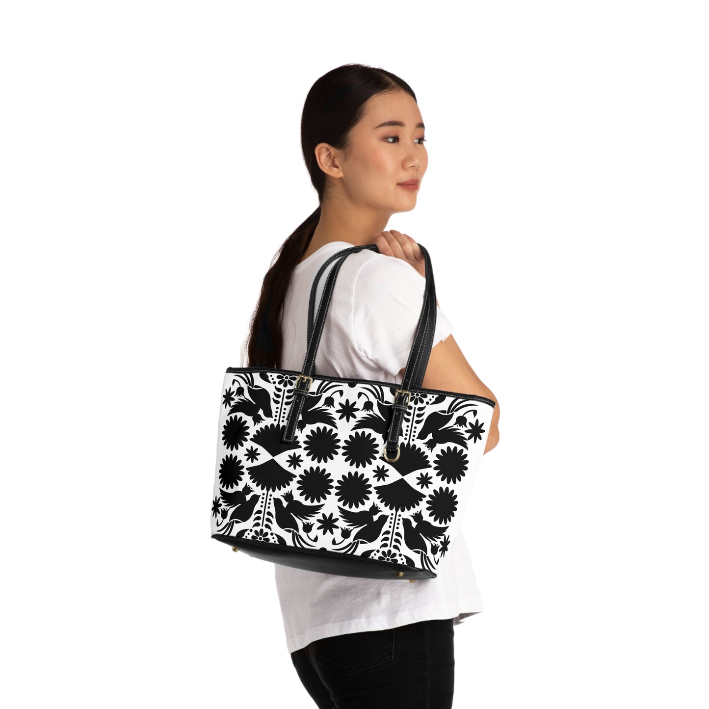 Black & White Otomi-Like design Chic PU Leather Shoulder Bag - Fashionable Tote for Confident Women, Perfect Gift for Celebrations