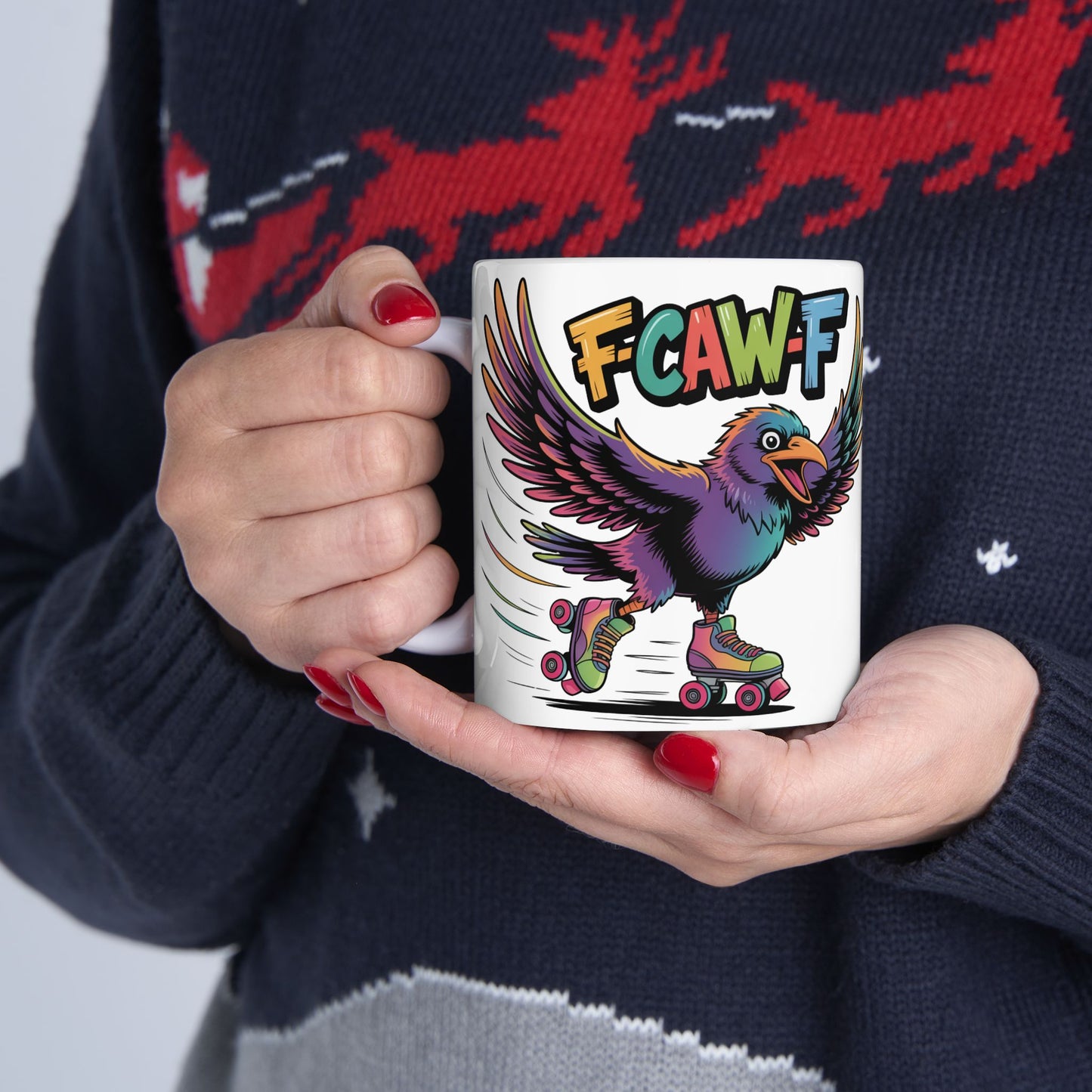 F-Caw-F Roller Blading Raven - Ceramic Mug - Motivational Gift for Coffee Lovers, Office Desk Decor, Holiday & Birthday Present, Fun Quote
