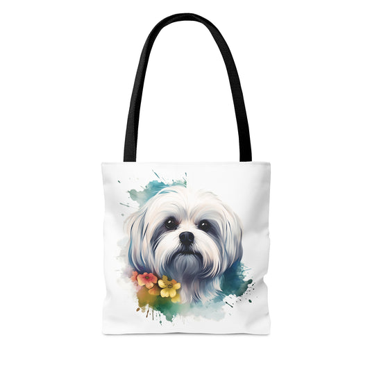 Maltese Maltipoo Watercolor pink & yellow flowers - MamaDeSushi - Tote Bag (AOP)