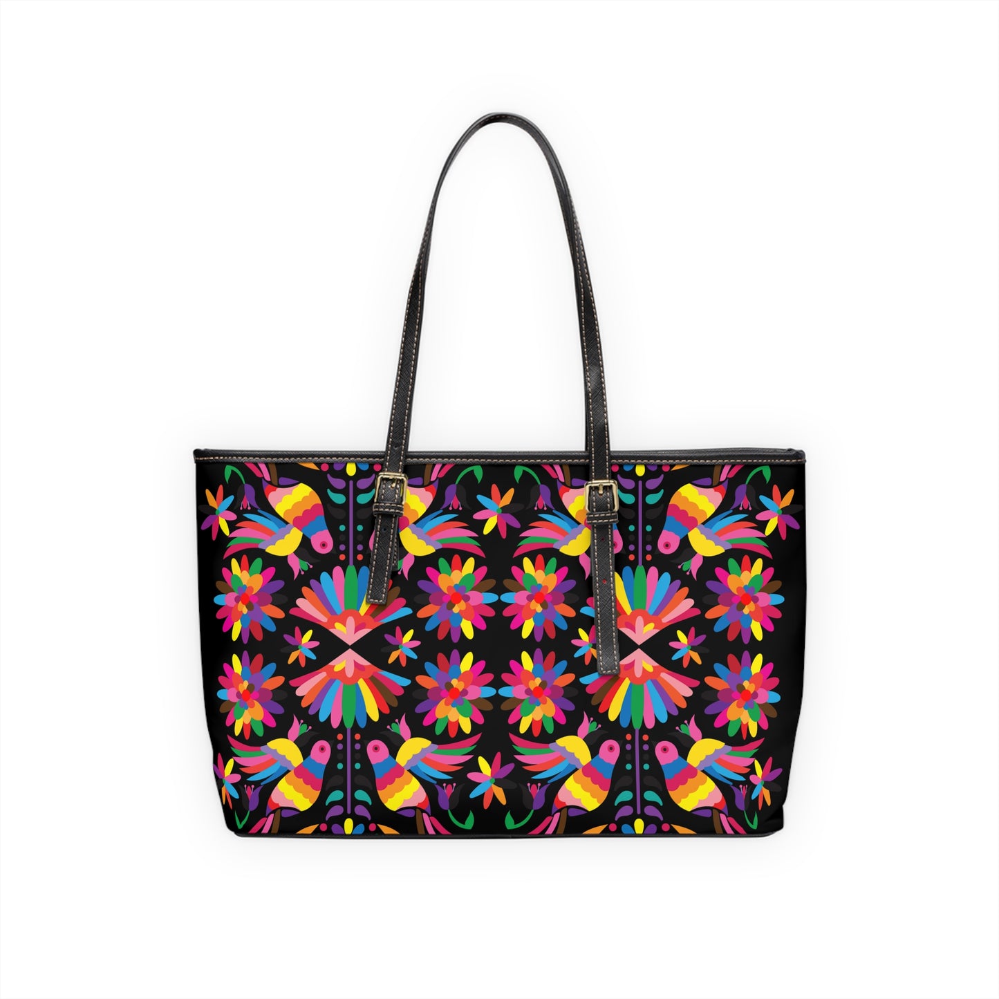 Mexican Otomi-Like  Floral PU Leather Shoulder Bag – Colorful Folk Art Tote
