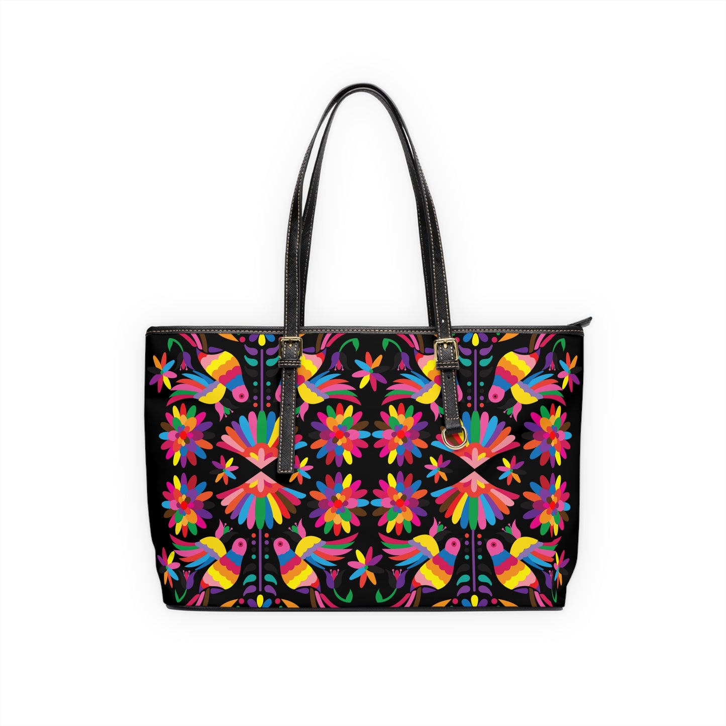 Mexican Otomi-Like  Floral PU Leather Shoulder Bag – Colorful Folk Art Tote