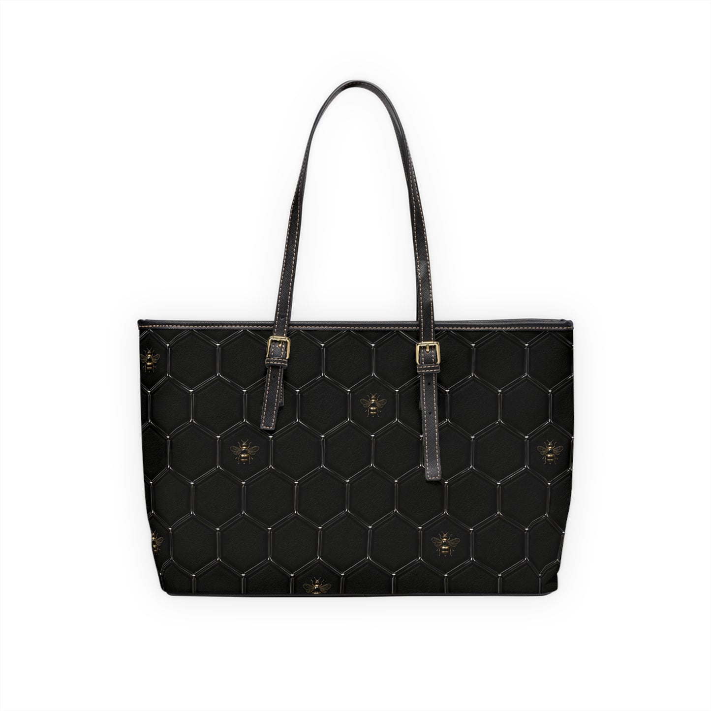 Black PU Leather Shoulder Bag – Honeycomb Stitch & Busy Bee Tote