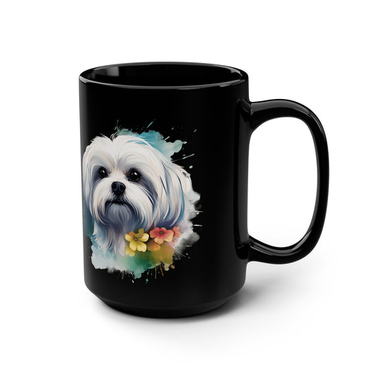 Maltese Maltipoo Watercolor pink & yellow flowers - MamaDeSushi - Black Mug, 15oz